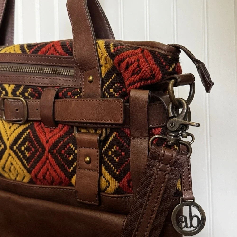 Audrey Brooke Leather Woven Bag Shoulder Bag Crossbody Brown Red Yellow‎ Tribal